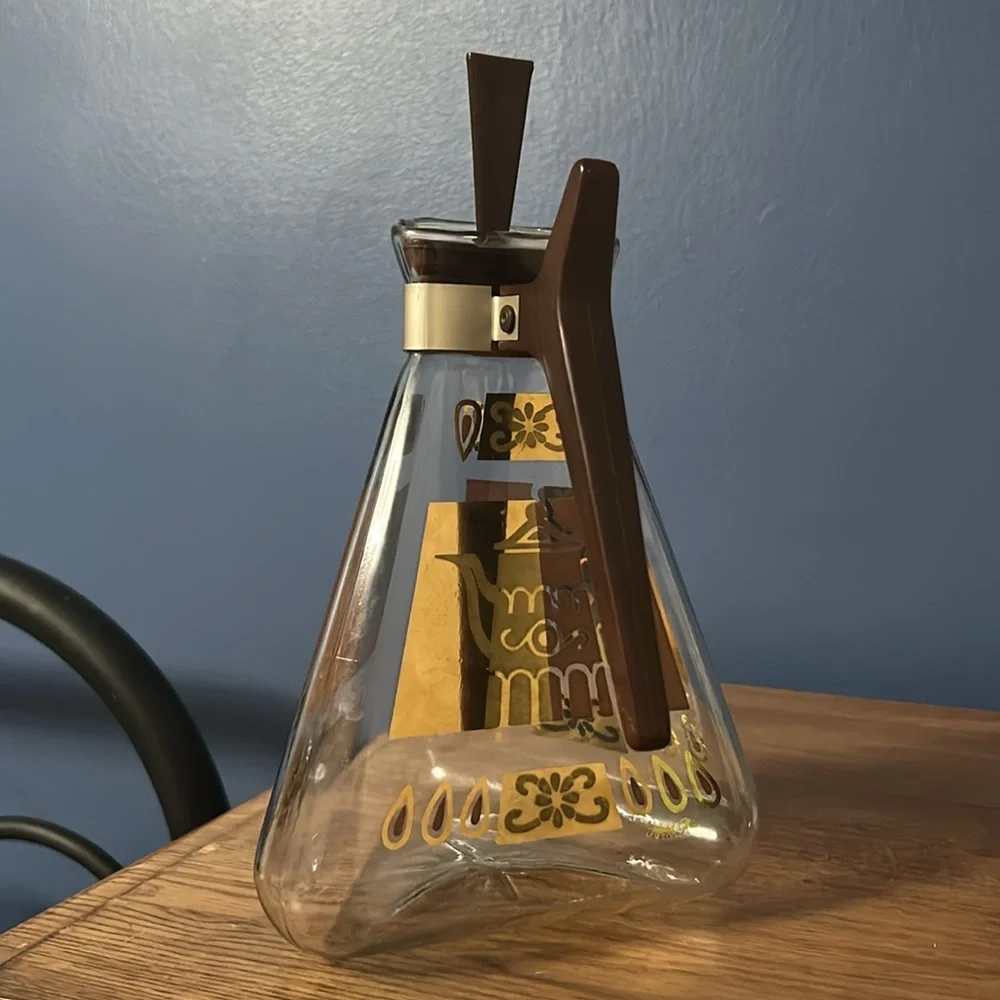 Vintage Gold Pattern Geometric Atomic Glass Coffee Carafe w Handle
